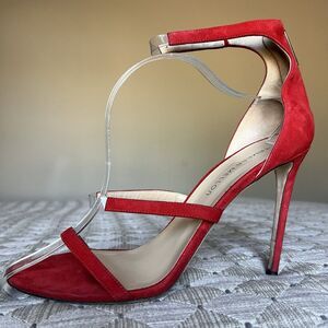Tamara Mellon Reverse Frontline Red Suede Heeled Sandals Women EU 42 US 10.5